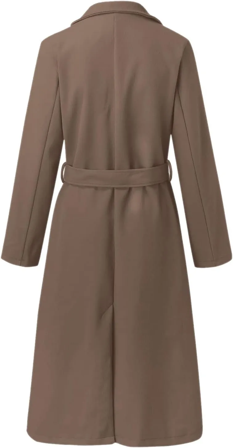 YRAETENM Women's Trench Coat Notch Lapel Collar Pea Coat Long Sleeve Wrap Coat Casual Fall Winter Long Overcoat with Belt