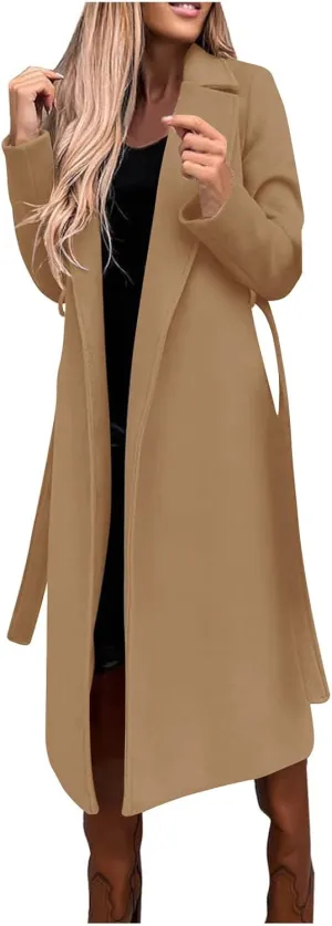 YRAETENM Women's Trench Coat Notch Lapel Collar Pea Coat Long Sleeve Wrap Coat Casual Fall Winter Long Overcoat with Belt