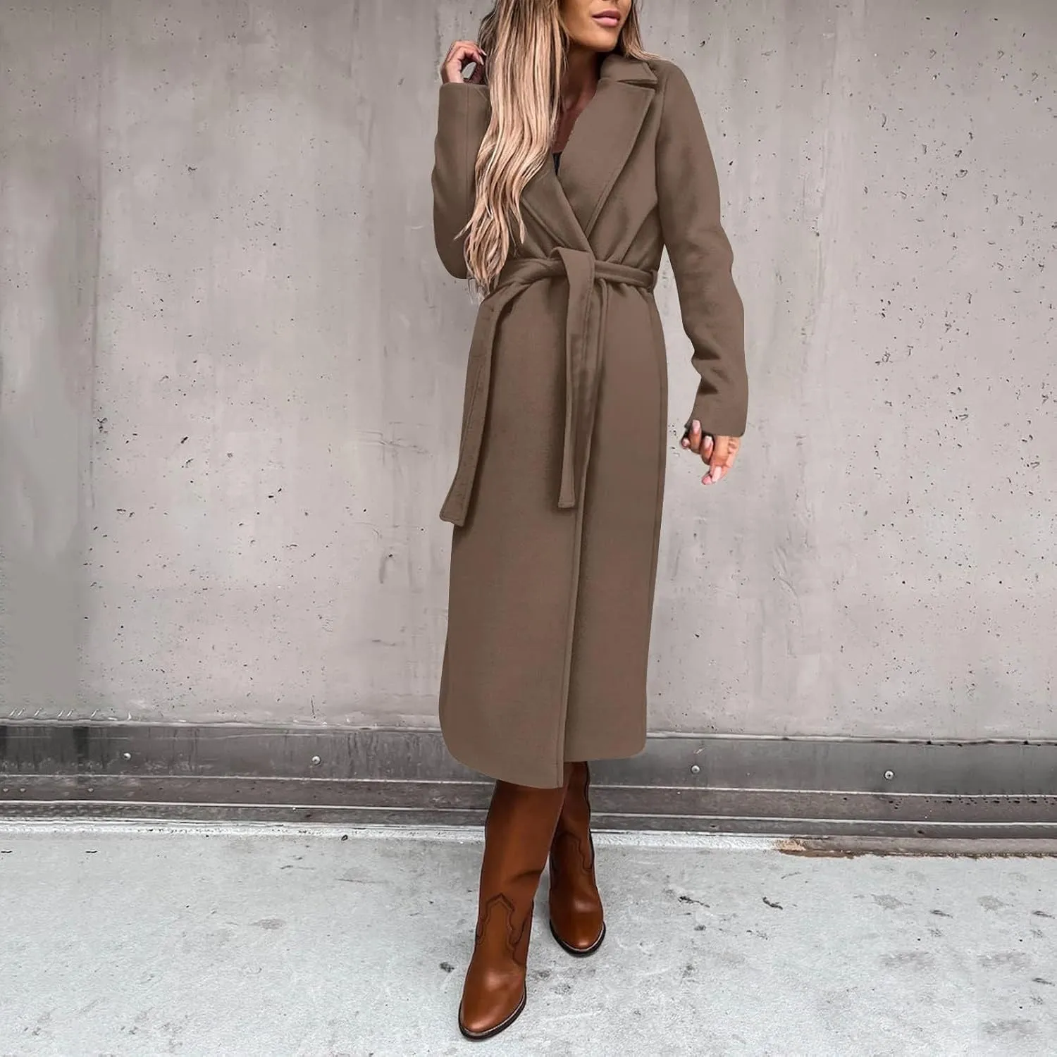 YRAETENM Women's Trench Coat Notch Lapel Collar Pea Coat Long Sleeve Wrap Coat Casual Fall Winter Long Overcoat with Belt