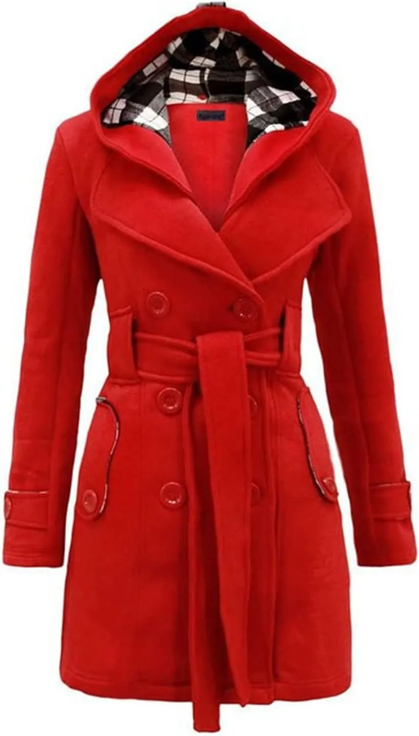 YRAETENM Women's Trench Coats Double Breasted Pea Coat Hooded Long Winter Jacket Warm Windproof Belted Outwear with Pocket