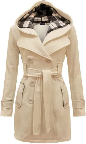 YRAETENM Women's Trench Coats Double Breasted Pea Coat Hooded Long Winter Jacket Warm Windproof Belted Outwear with Pocket