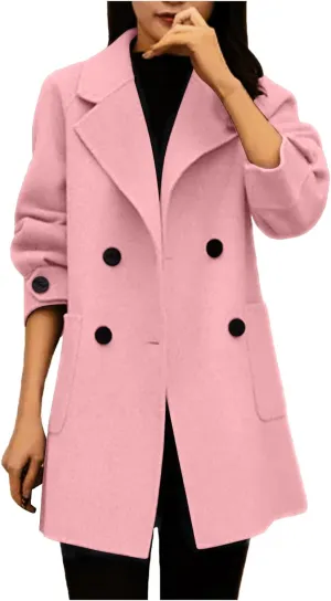 YRAETENM Women's Trench Coats Elegant Notched Lapel Double Breasted Wool Blend Coats Casual Winter Long Jackets with Pockets