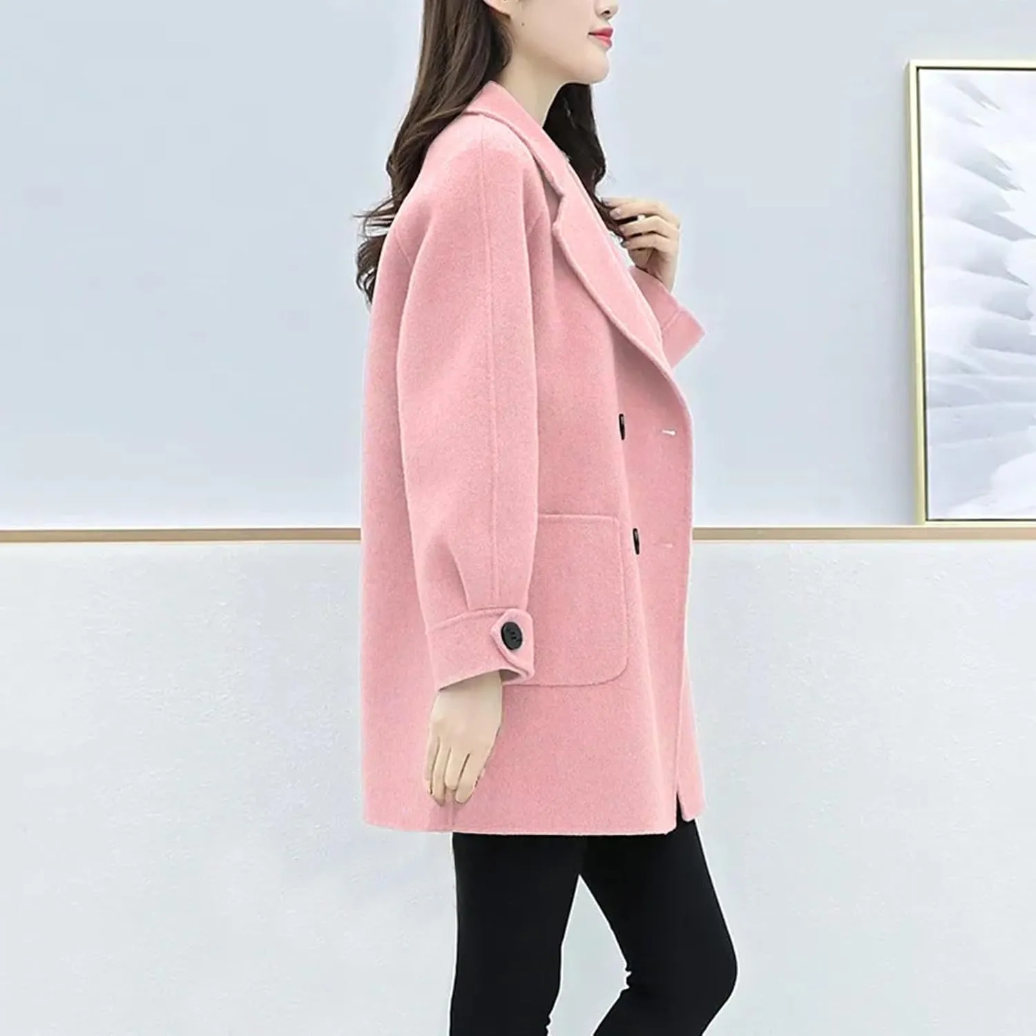 YRAETENM Women's Trench Coats Elegant Notched Lapel Double Breasted Wool Blend Coats Casual Winter Long Jackets with Pockets
