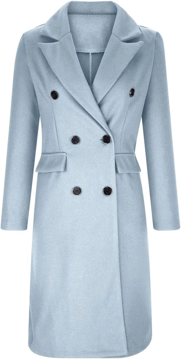 YRAETENM Women's Winter Coat Elegant Double Breasted Mid Long Wool Pea Coat Notched Lapel Trench Coat Overcoat Winter Outwear
