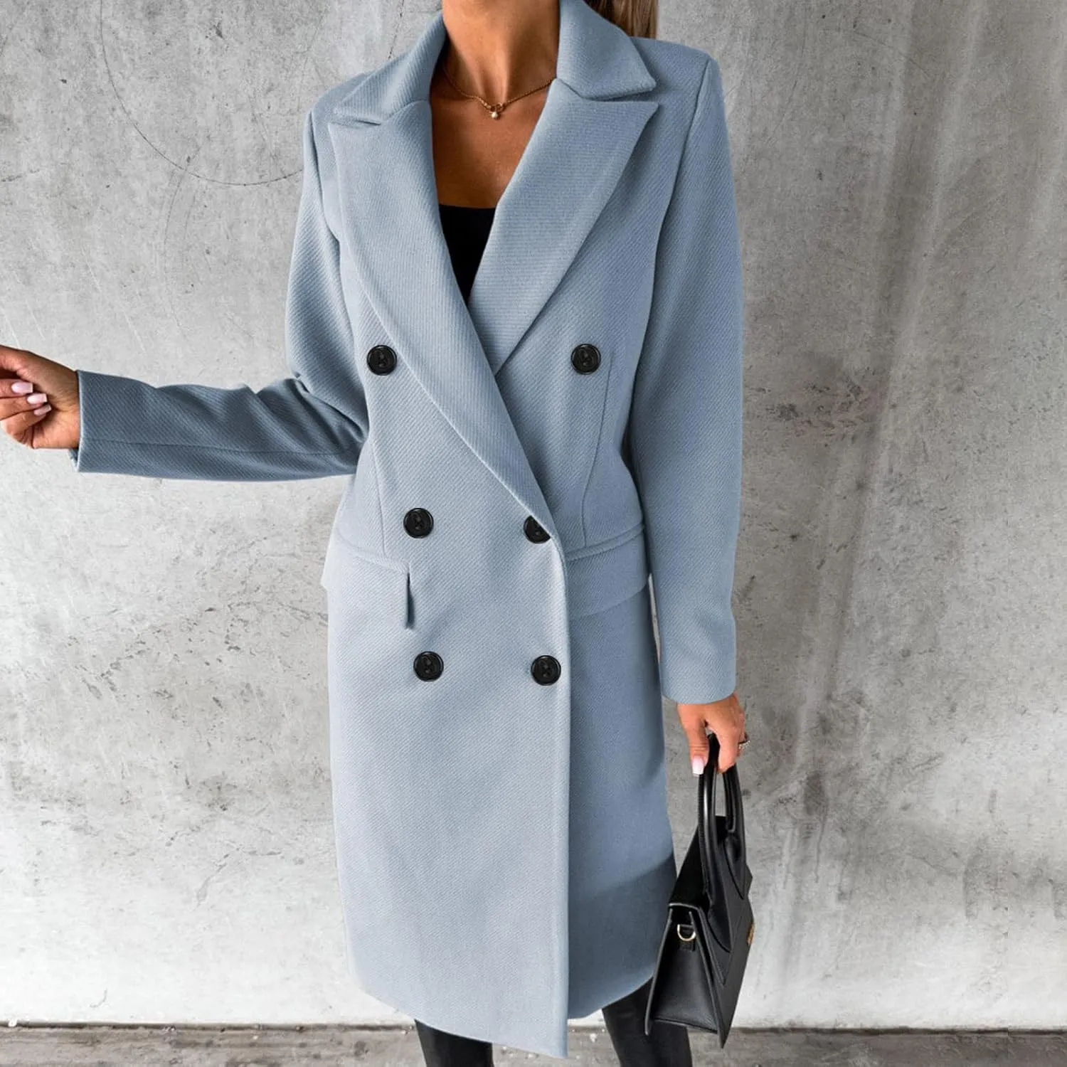 YRAETENM Women's Winter Coat Elegant Double Breasted Mid Long Wool Pea Coat Notched Lapel Trench Coat Overcoat Winter Outwear