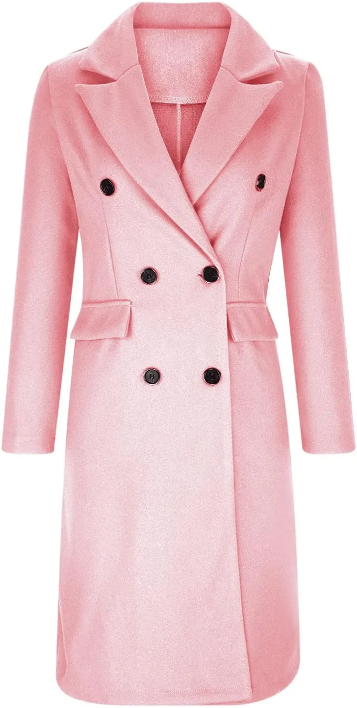 YRAETENM Women's Winter Coat Elegant Double Breasted Mid Long Wool Pea Coat Notched Lapel Trench Coat Overcoat Winter Outwear