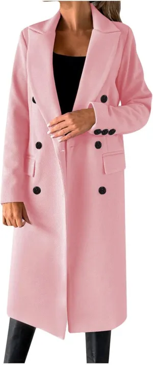 YRAETENM Women's Winter Coat Elegant Double Breasted Mid Long Wool Pea Coat Notched Lapel Trench Coat Overcoat Winter Outwear