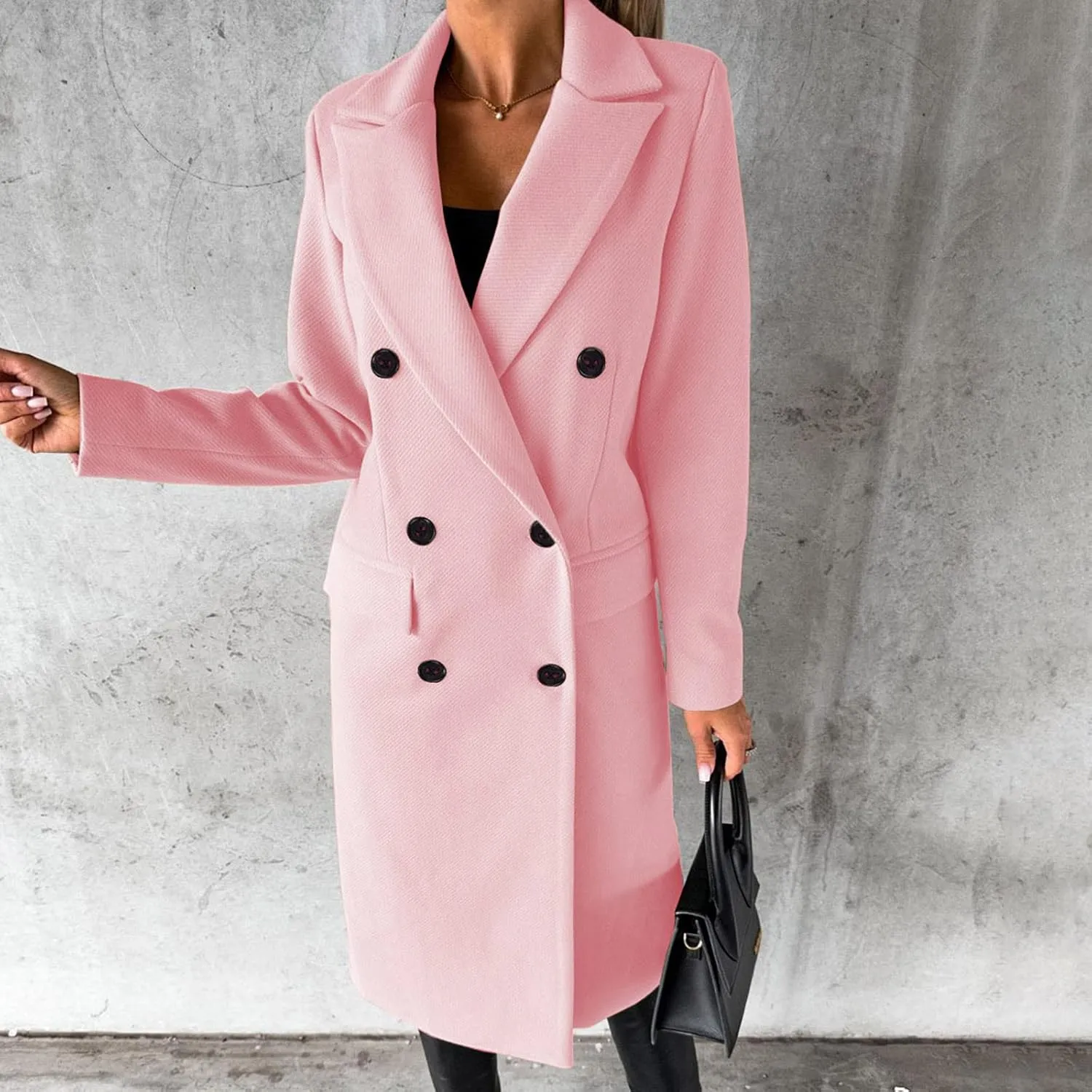 YRAETENM Women's Winter Coat Elegant Double Breasted Mid Long Wool Pea Coat Notched Lapel Trench Coat Overcoat Winter Outwear