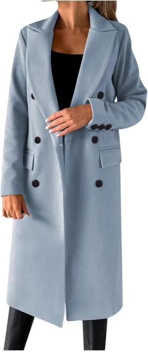YRAETENM Women's Winter Coat Elegant Double Breasted Mid Long Wool Pea Coat Notched Lapel Trench Coat Overcoat Winter Outwear