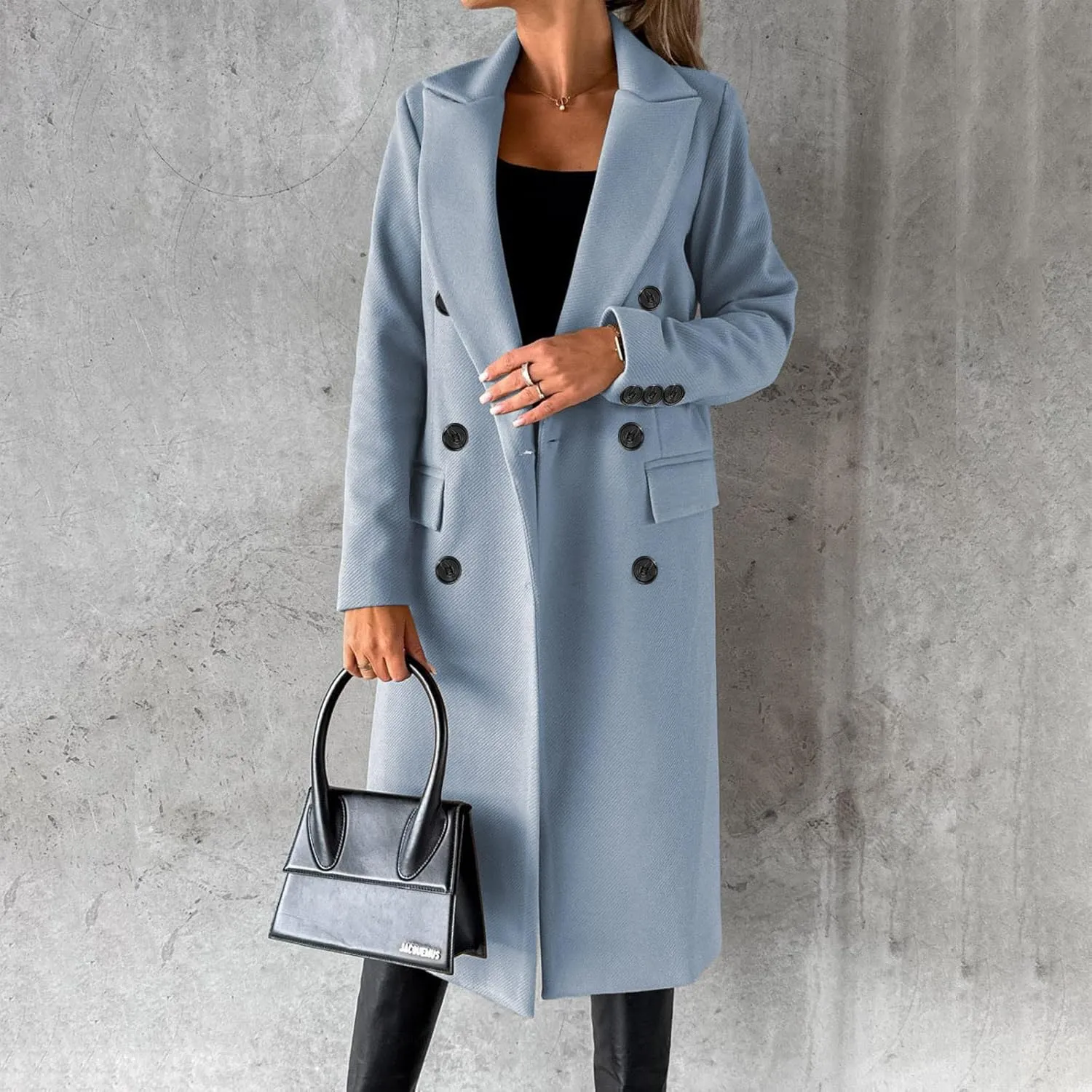 YRAETENM Women's Winter Coat Elegant Double Breasted Mid Long Wool Pea Coat Notched Lapel Trench Coat Overcoat Winter Outwear
