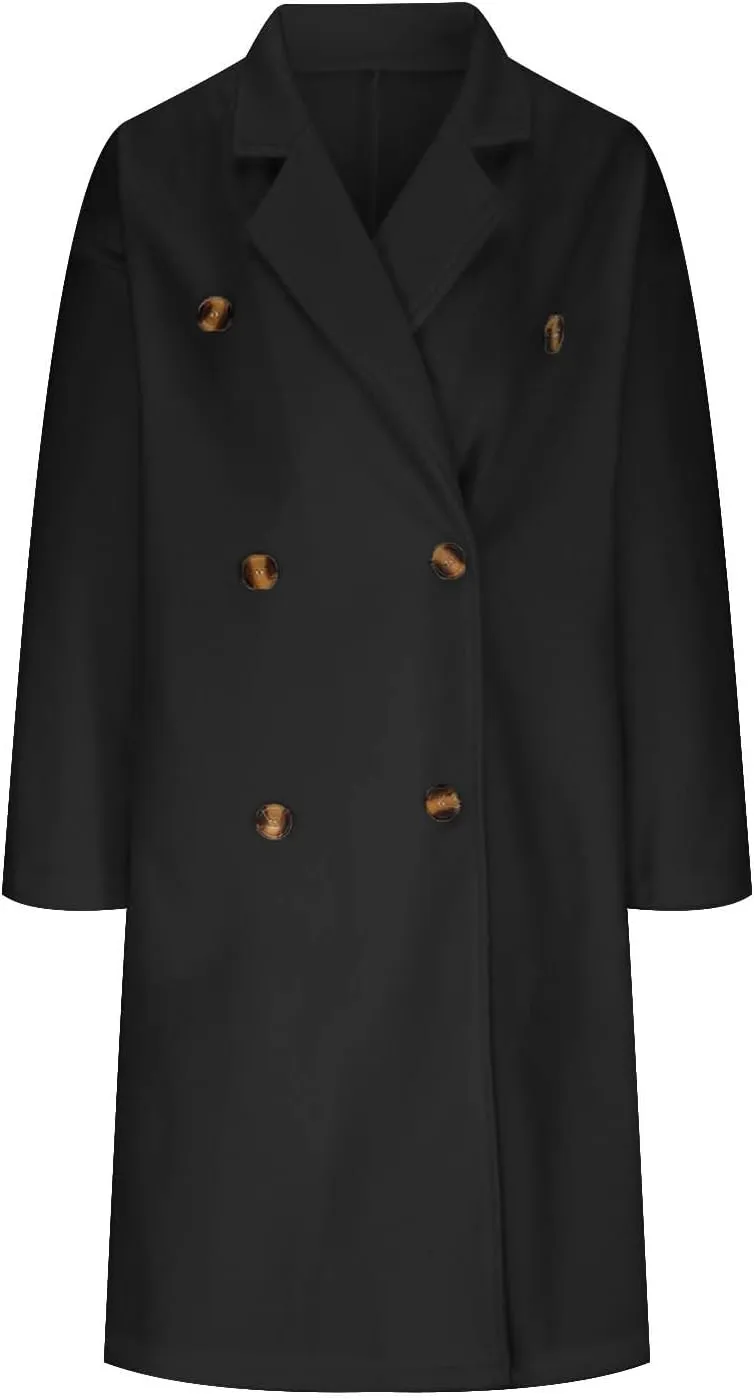 YRAETENM Women's Winter Double Breasted Wool Coat Casual Notch Lapel Midi Long Trench Coat Soft Warm Overcoat with Pockets
