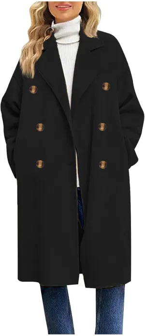 YRAETENM Women's Winter Double Breasted Wool Coat Casual Notch Lapel Midi Long Trench Coat Soft Warm Overcoat with Pockets