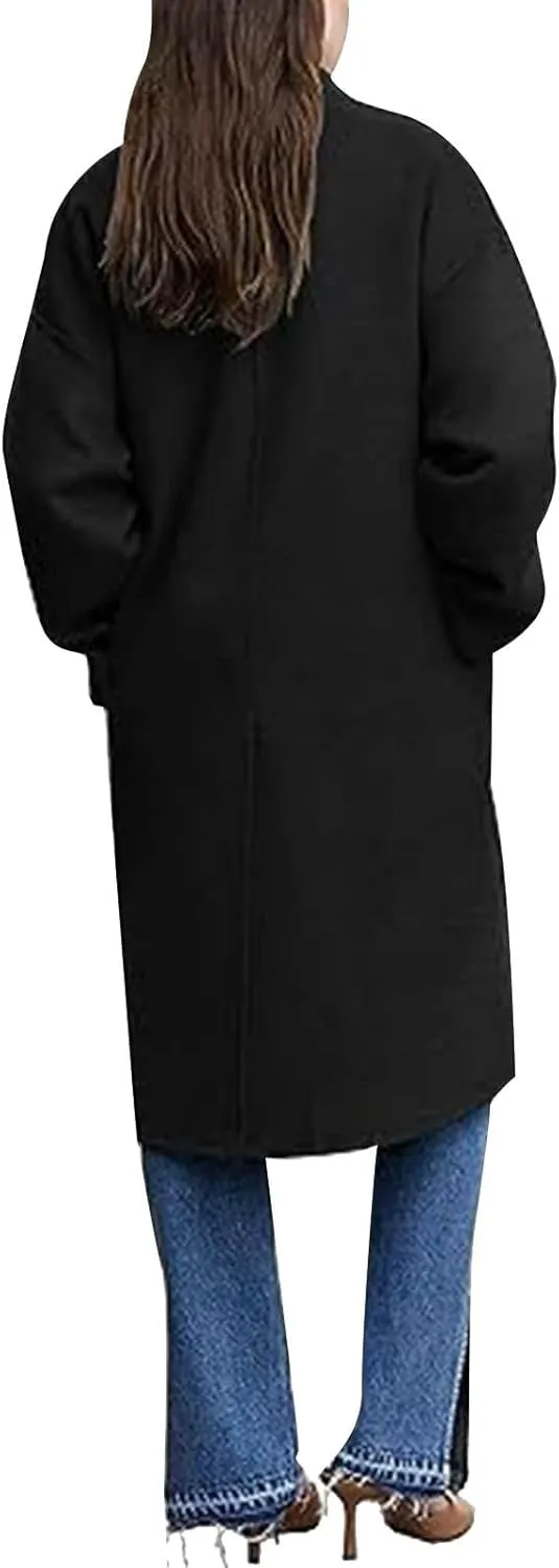 YRAETENM Women's Winter Double Breasted Wool Coat Casual Notch Lapel Midi Long Trench Coat Soft Warm Overcoat with Pockets