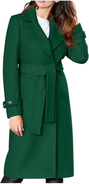 YRAETENM Women's Wool Blend Coat Elegant Notch Lapel Collar Pea Coats Fall Winter Warm Long Overcoat Outerwear with Belt