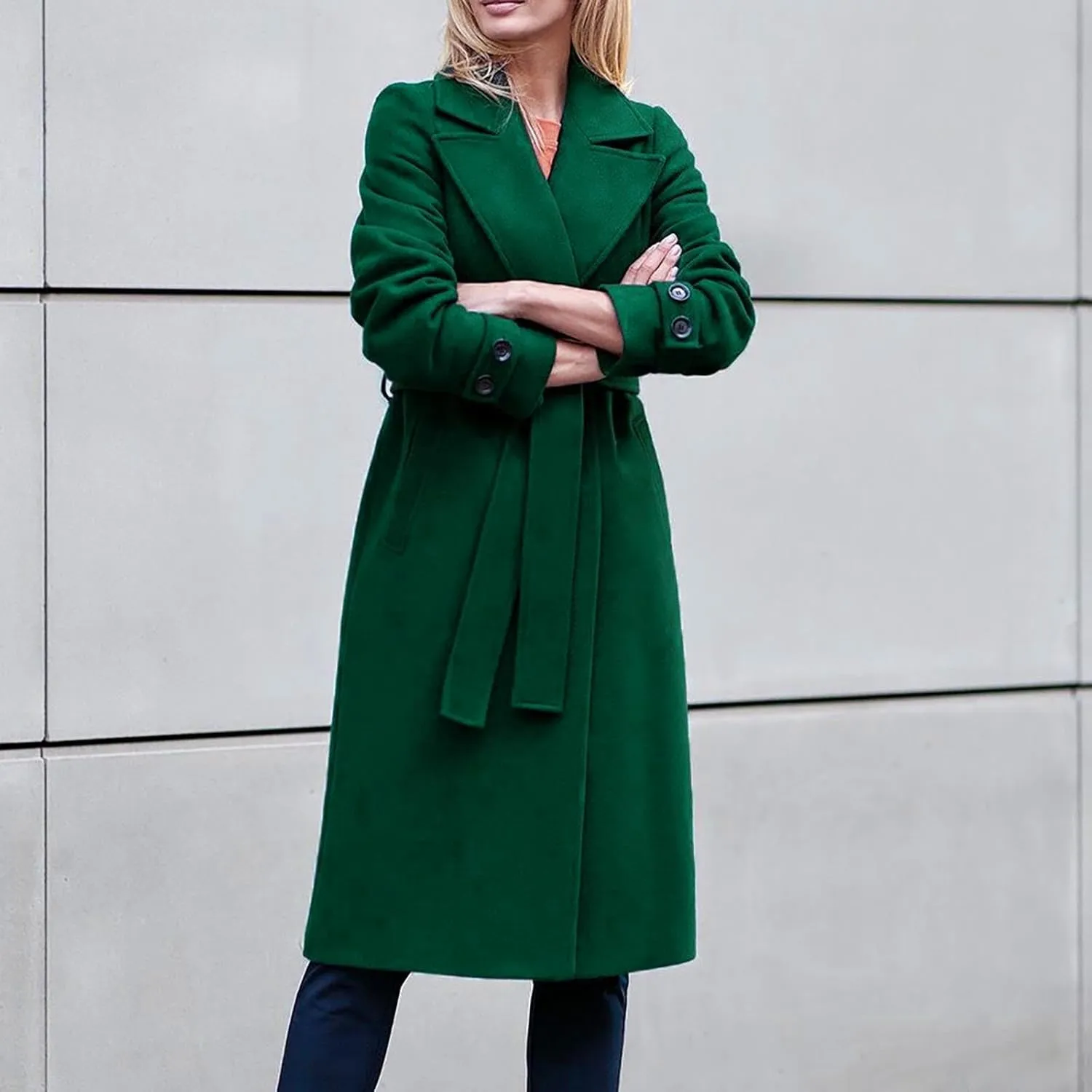 YRAETENM Women's Wool Blend Coat Elegant Notch Lapel Collar Pea Coats Fall Winter Warm Long Overcoat Outerwear with Belt