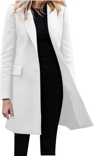 YRAETENM Women's Wool Blend Pea Coats Winter Casual Lapel Collar Open Front Cardigan Windproof Long Blazer Jackets Outwear