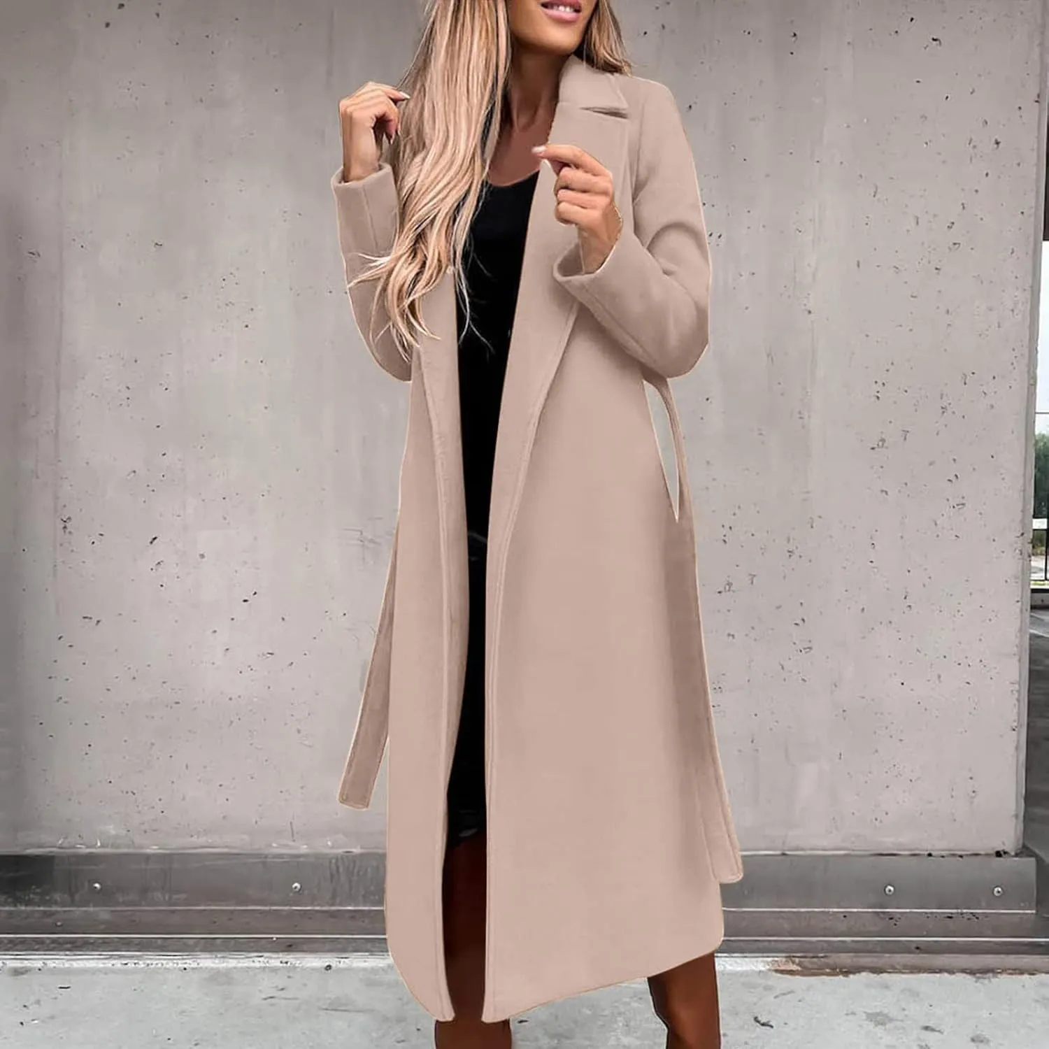 YRAETENM Wool Coats for Women Casual Notch Lapel Belted Mid Long Trench Coats Peacoats Fall Winter Warm Wrap Coats Overcoat