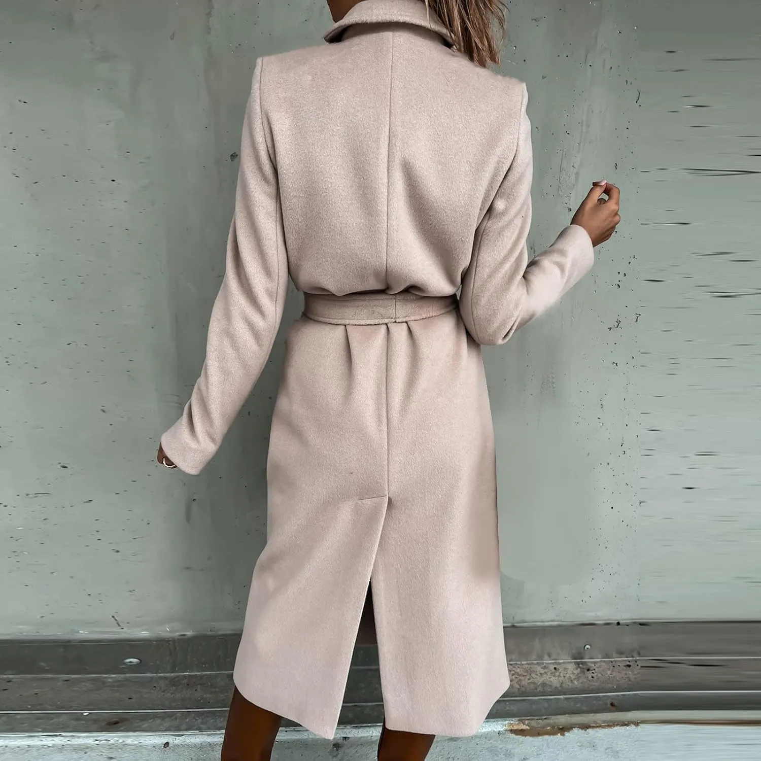 YRAETENM Wool Coats for Women Casual Notch Lapel Belted Mid Long Trench Coats Peacoats Fall Winter Warm Wrap Coats Overcoat