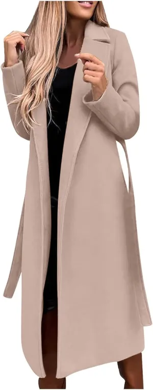 YRAETENM Wool Coats for Women Casual Notch Lapel Belted Mid Long Trench Coats Peacoats Fall Winter Warm Wrap Coats Overcoat