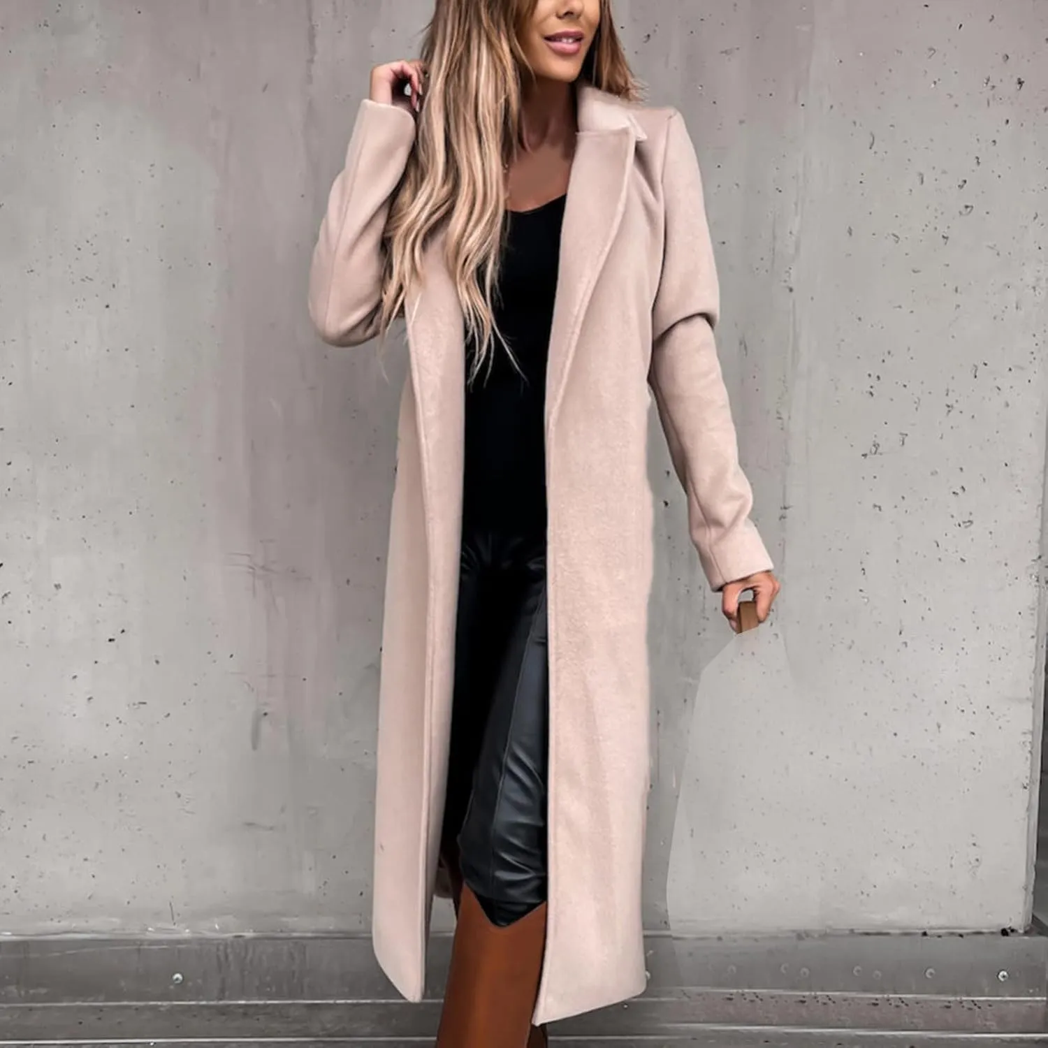 YRAETENM Wool Coats for Women Casual Notch Lapel Belted Mid Long Trench Coats Peacoats Fall Winter Warm Wrap Coats Overcoat