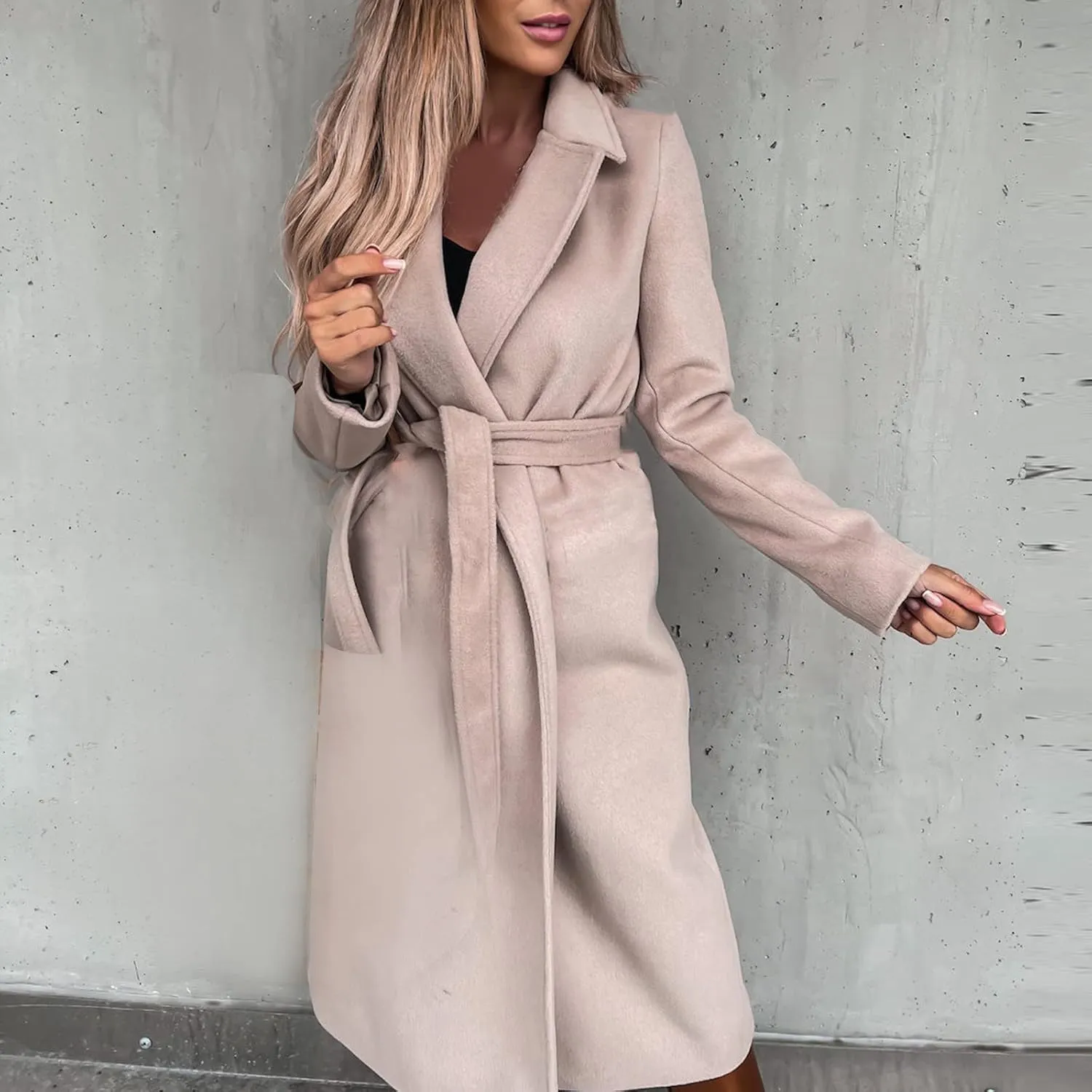 YRAETENM Wool Coats for Women Casual Notch Lapel Belted Mid Long Trench Coats Peacoats Fall Winter Warm Wrap Coats Overcoat