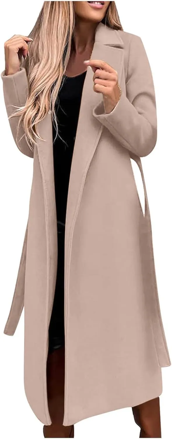 YRAETENM Wool Coats for Women Casual Notch Lapel Belted Mid Long Trench Coats Peacoats Fall Winter Warm Wrap Coats Overcoat