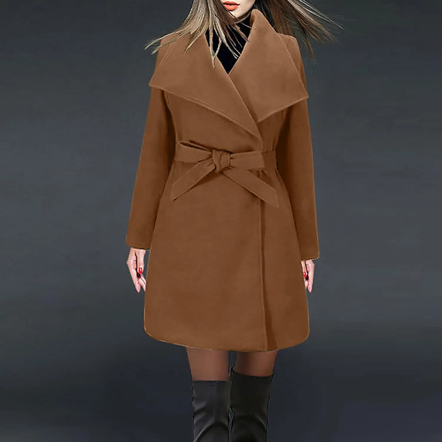 YRAETENM Wool Trench Coat Women Fall Winter Notch Lapel Overcoat Casual Elegant Lightweight Peacoat Wrap Coat with Tie Belt
