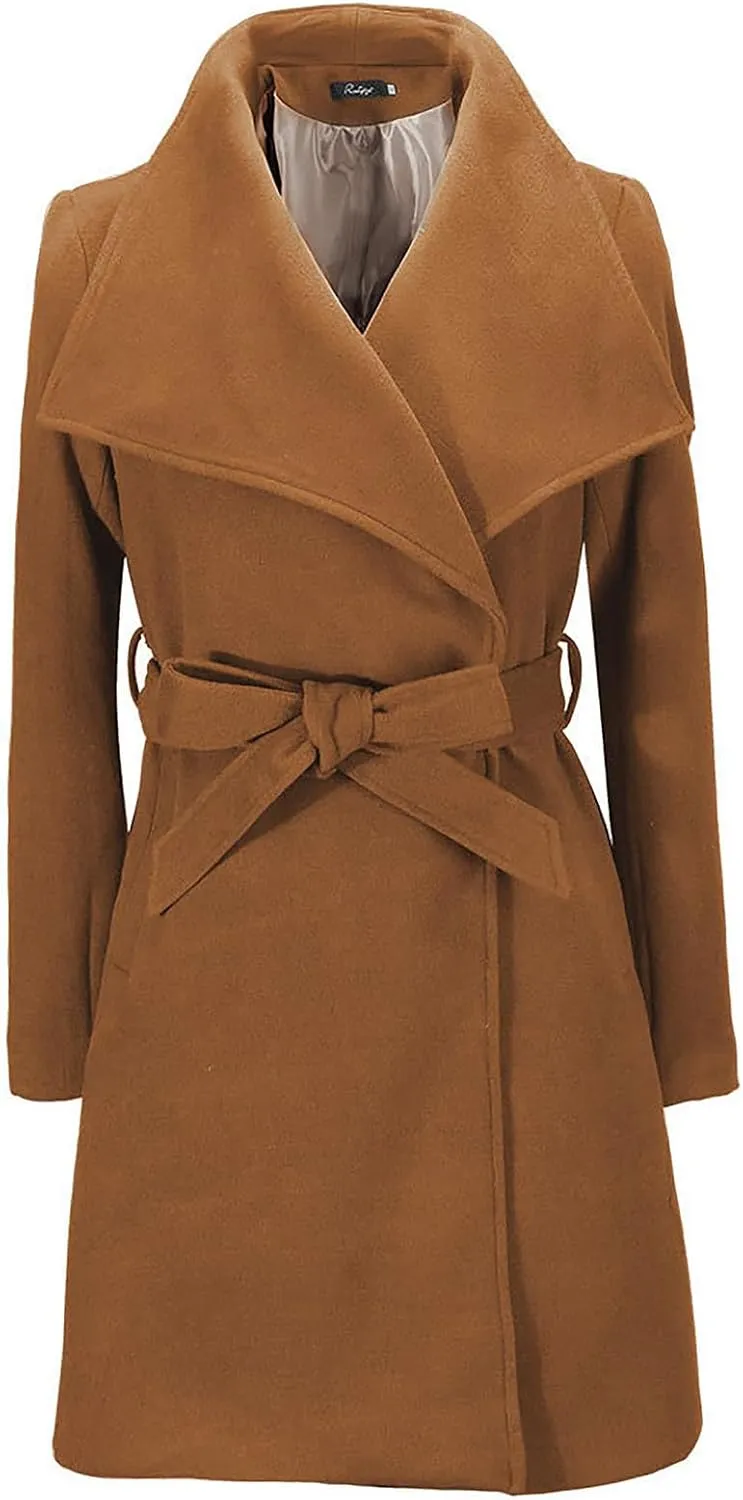 YRAETENM Wool Trench Coat Women Fall Winter Notch Lapel Overcoat Casual Elegant Lightweight Peacoat Wrap Coat with Tie Belt