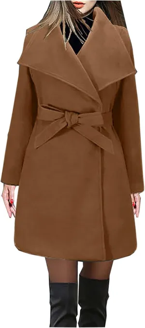 YRAETENM Wool Trench Coat Women Fall Winter Notch Lapel Overcoat Casual Elegant Lightweight Peacoat Wrap Coat with Tie Belt