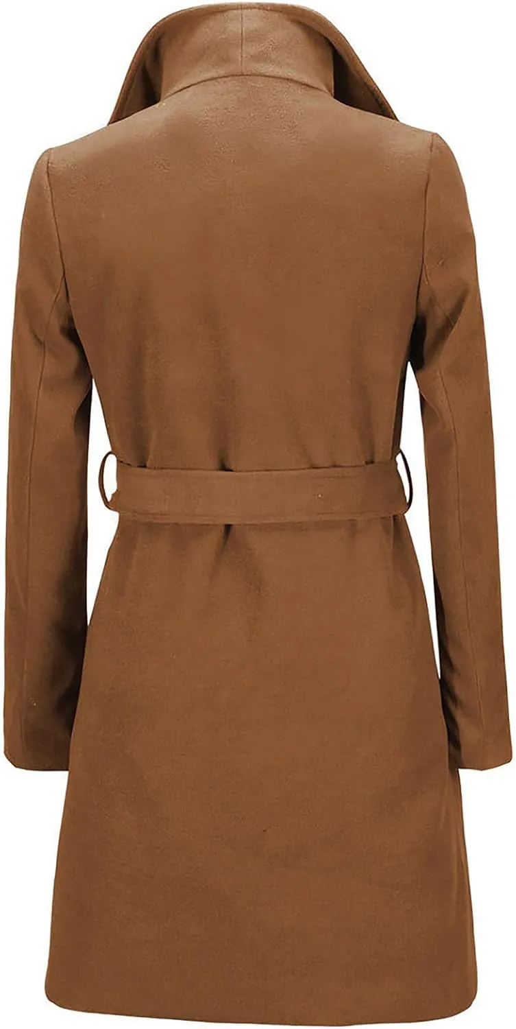 YRAETENM Wool Trench Coat Women Fall Winter Notch Lapel Overcoat Casual Elegant Lightweight Peacoat Wrap Coat with Tie Belt