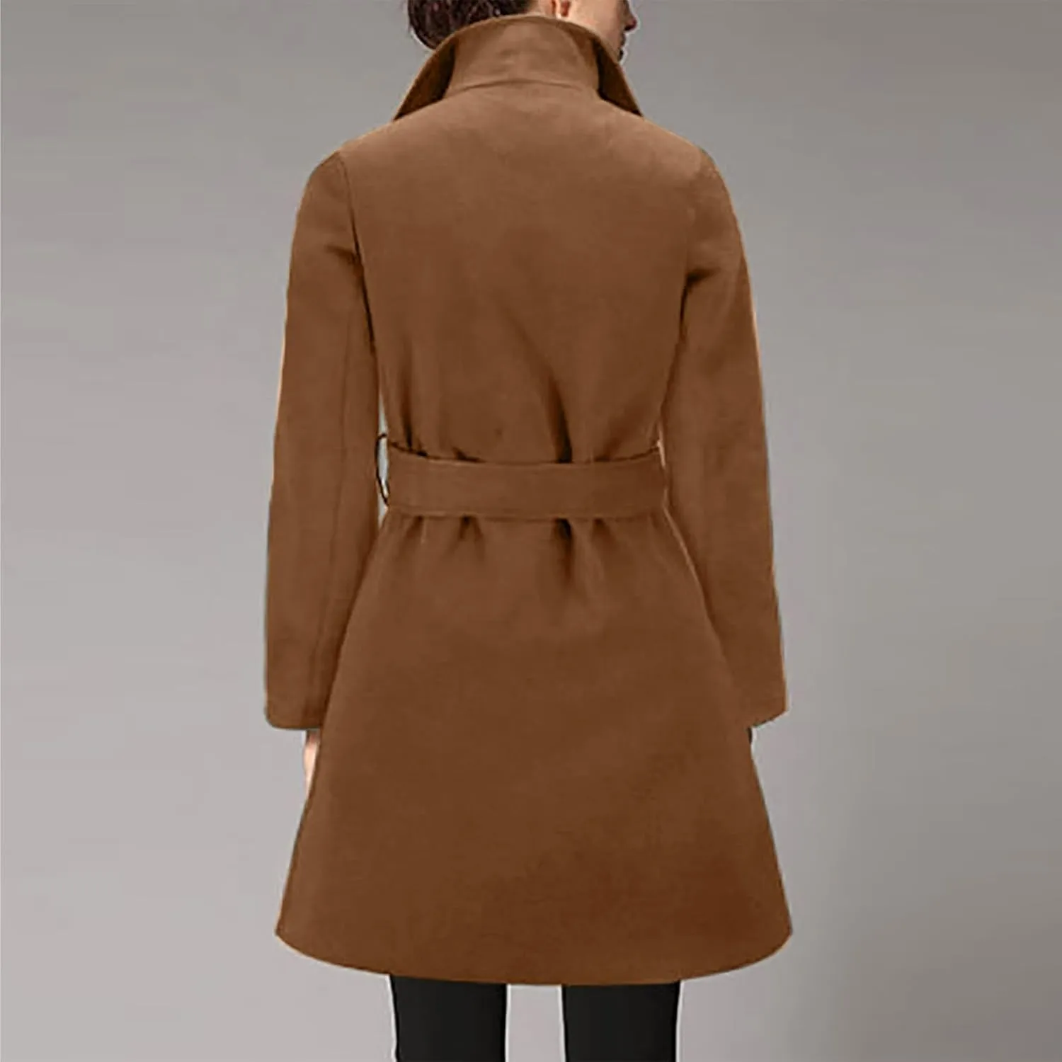 YRAETENM Wool Trench Coat Women Fall Winter Notch Lapel Overcoat Casual Elegant Lightweight Peacoat Wrap Coat with Tie Belt